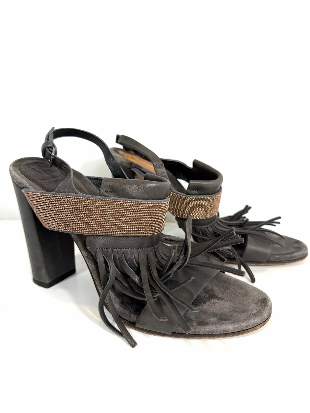Brunello Cucinelli Gray Leather Fringe Beaded Block Heel Sandals Women’s EU 39